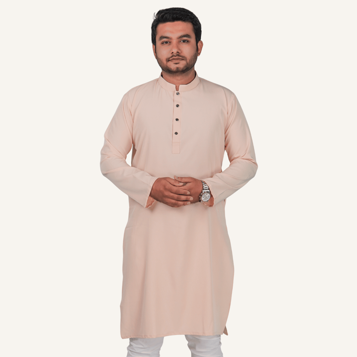 Cream-1.png ক্রিম কালার অরিজিনাল প্রিমিয়াম চায়না ফেব্রিকের সলিড পাঞ্জাবি - Image 1